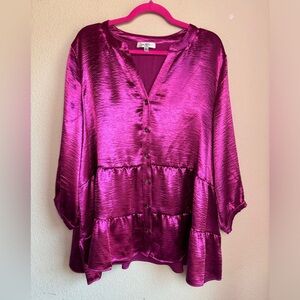 Moa Moa Fuchsia Pink Silky Metallic Tiered Hem Split Neck Button Up Blouse 2X